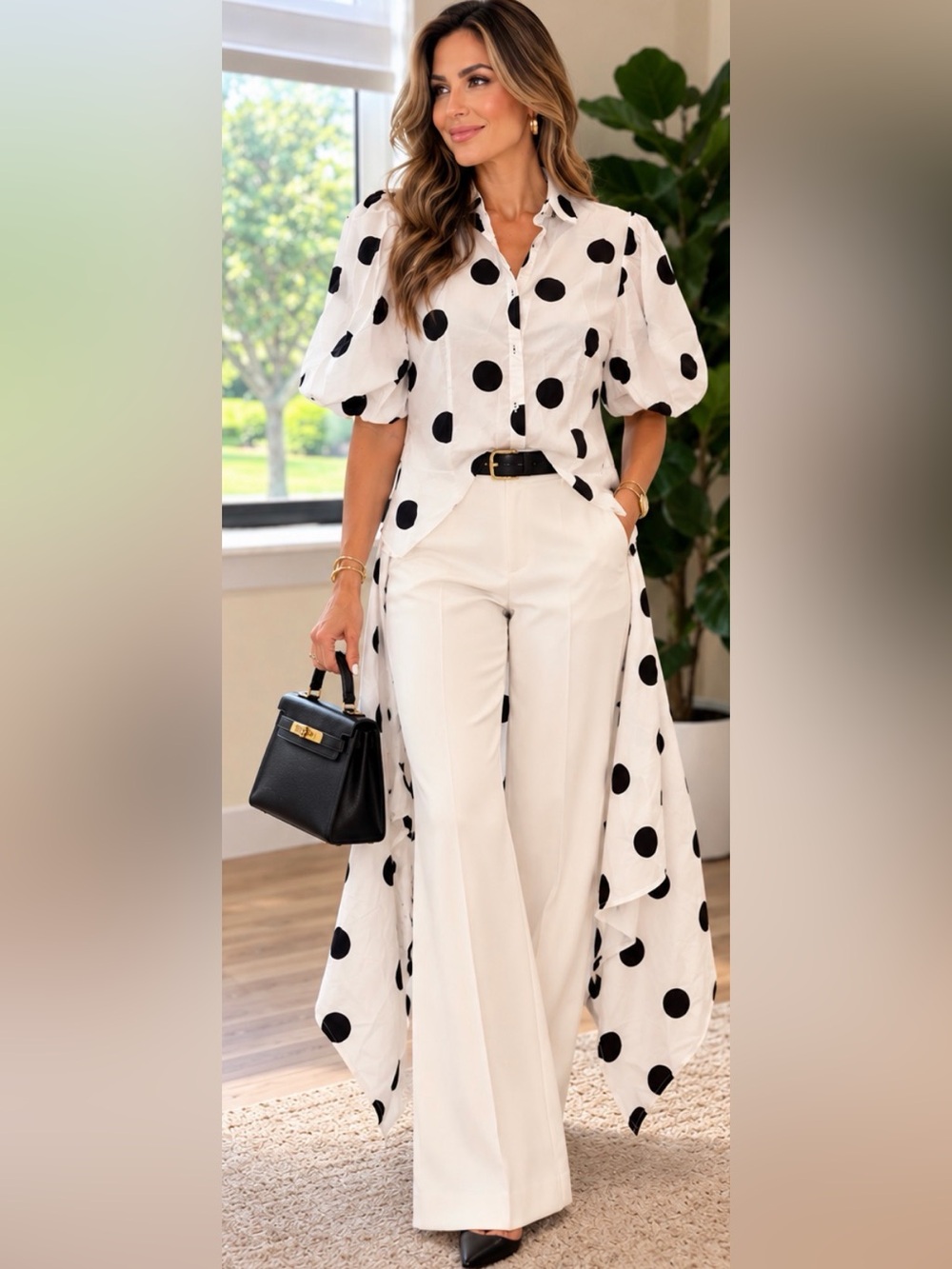 Illord NWT Polka Dot High Low Cotton Top Black White Size Small